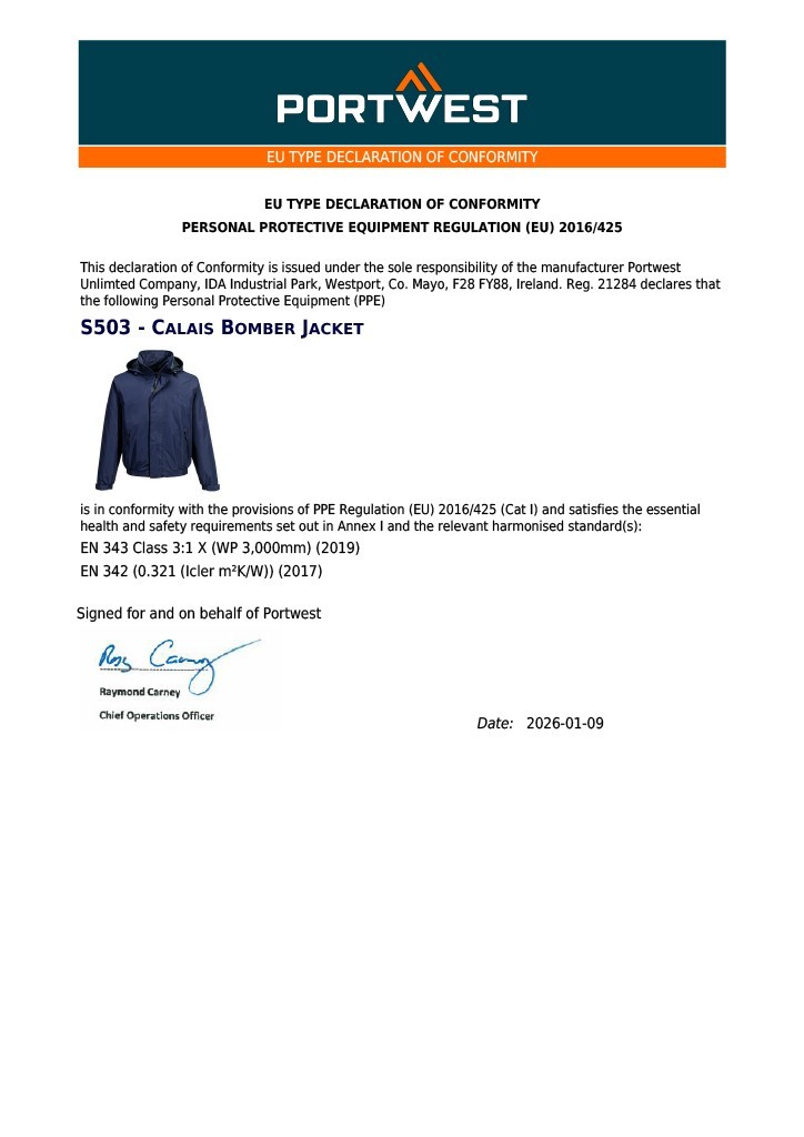 PORTWEST Men’s Calais Fully lined Padded Bomber Waterproof Jacket S503 UK Seller