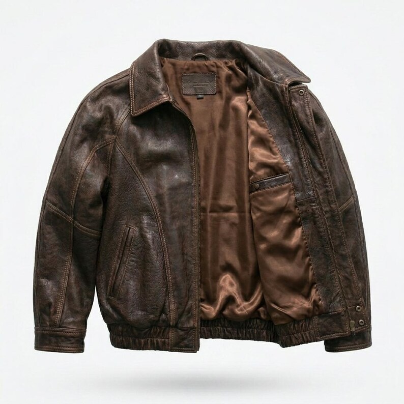Distressed Brown Leather Bomber Jacket Vintage 90s Aviator Flight Coat Aged