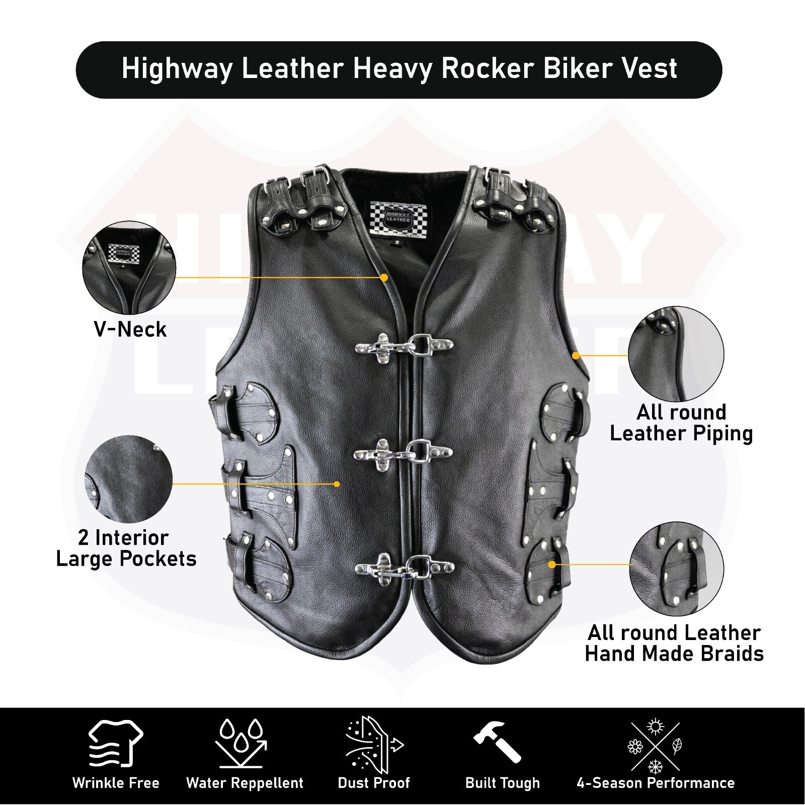 Highway Leather Heavy Metal Rocker Biker Waistcoat Motorcycle Vest SKU # HL11649