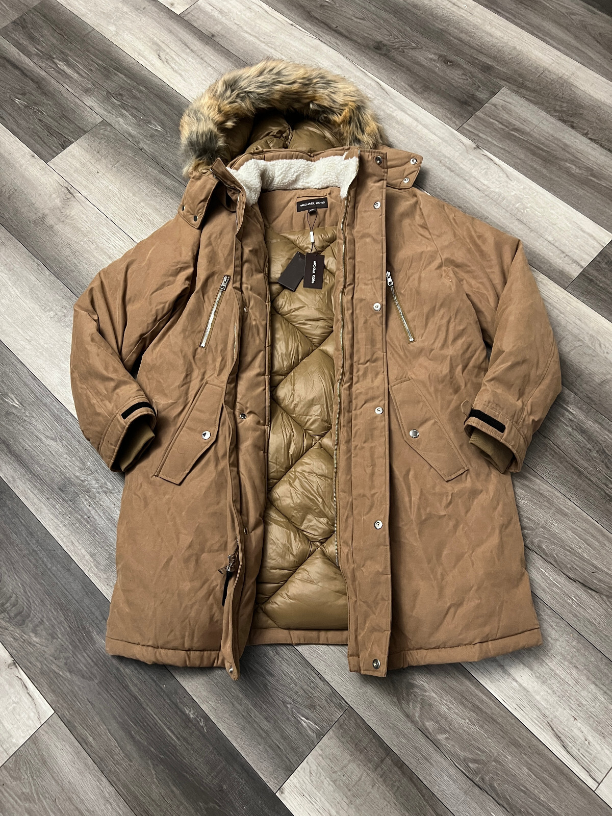 Michael Kors Mens Faux Fur Trim Hooded Parka Coat Jacket Dark Camel Brown XL