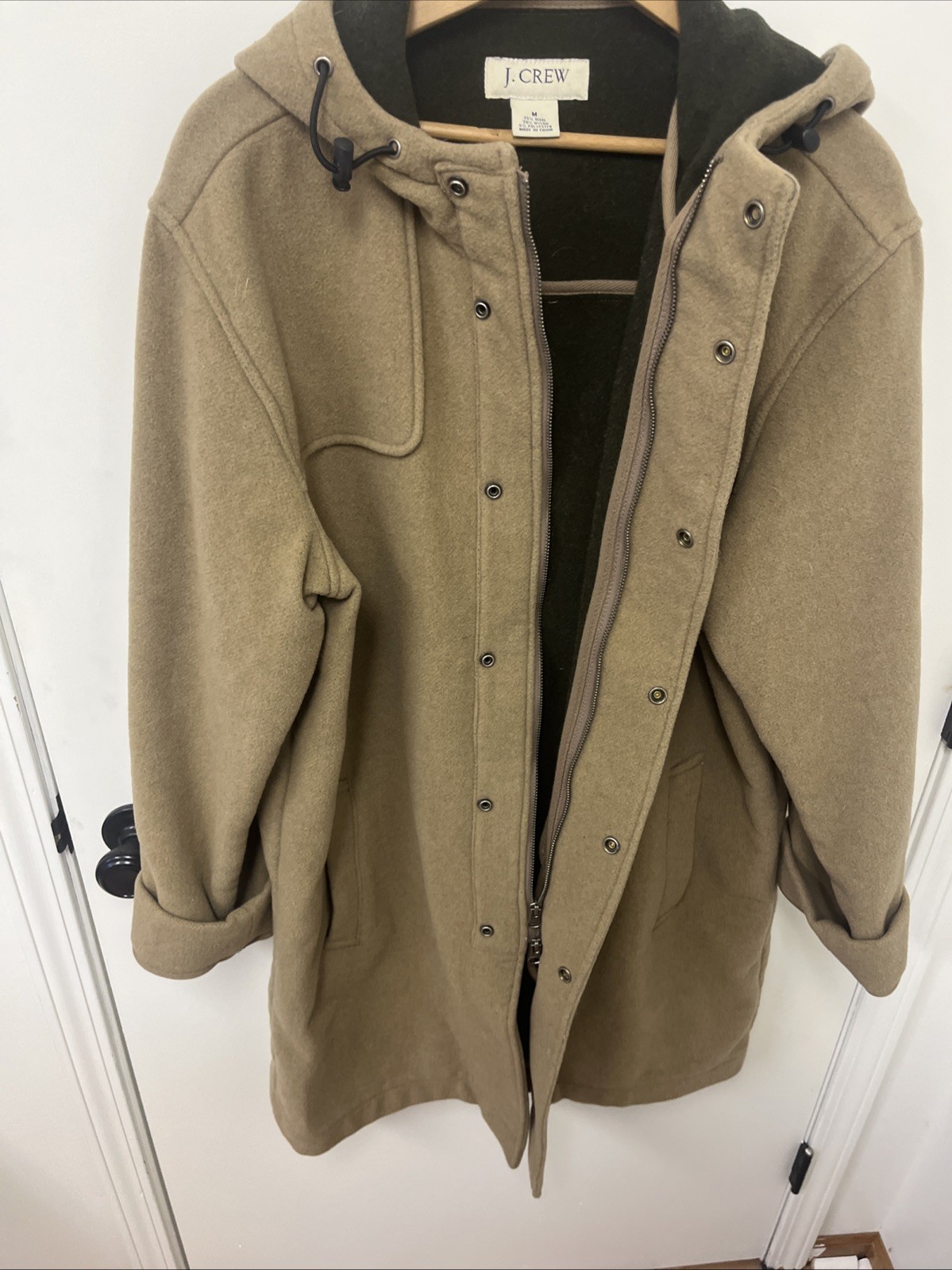 J Crew Wool Long Pea Coat Jacket Men Medium Brown Full Zip Button Drawstring