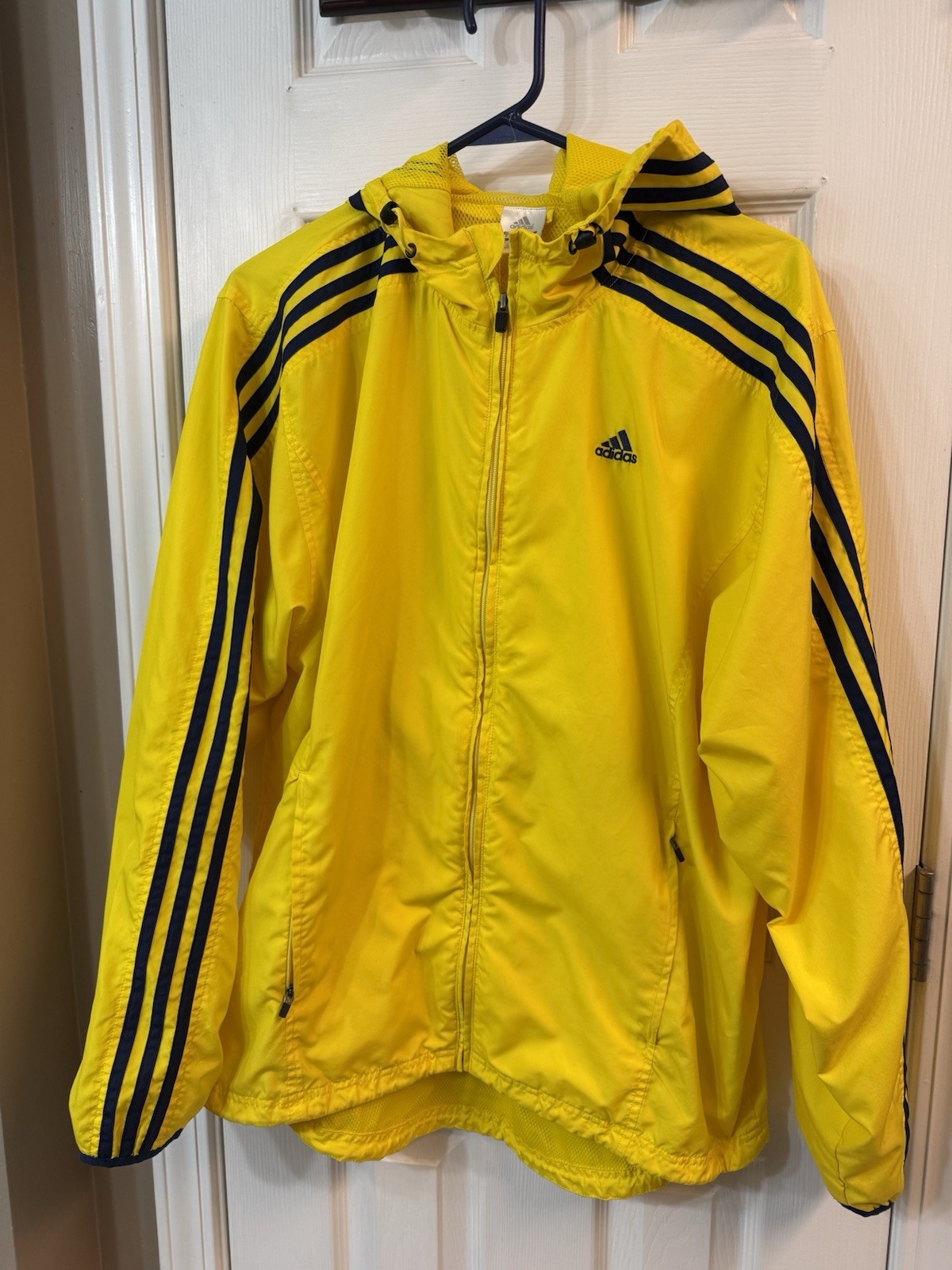 Adidas Windbreaker Jacket Mens Medium Yellow Navy 3 Stripe Hooded Y2K 2005