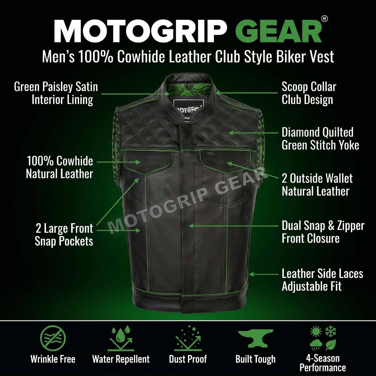 Men’s Black Leather Vest Diamond Side Lace Motorcycle Green Concealed Waistcoat