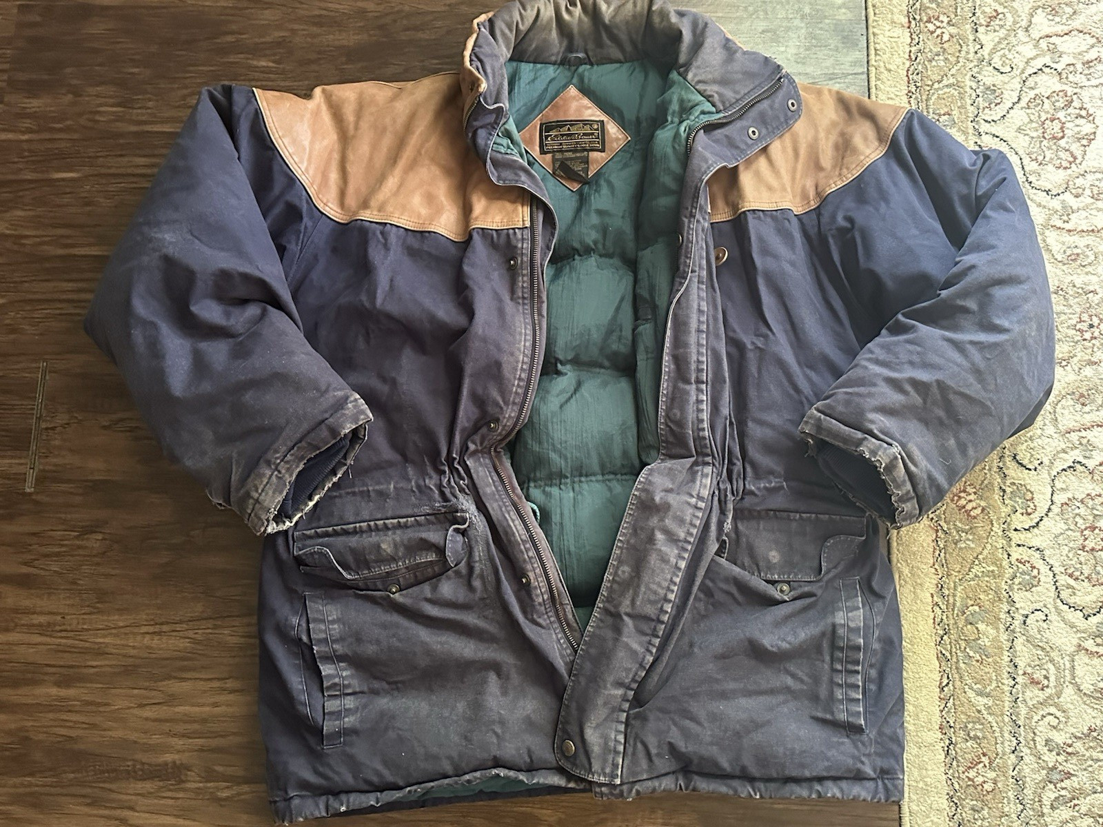 Eddie Bauer Goose Down Tall XL Insulated Hooded Parka Blue Brown Green