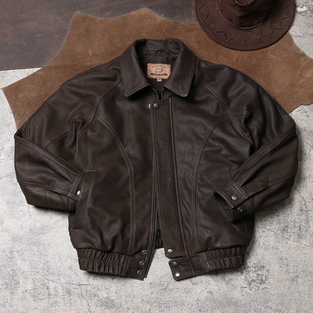 Men’s Vintage Bomber Jacket Full Grain Brushed CowhideClassic Leather Jacket
