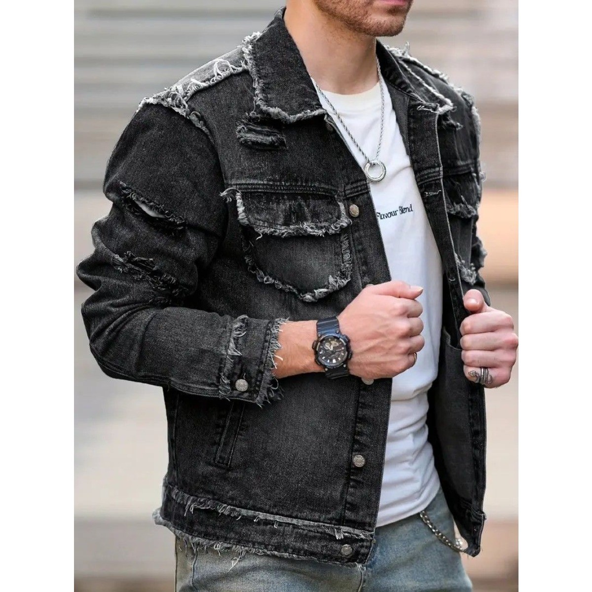 Men Black Washed Denim Jacket Frayed Ripped Distressed Trucker Coat