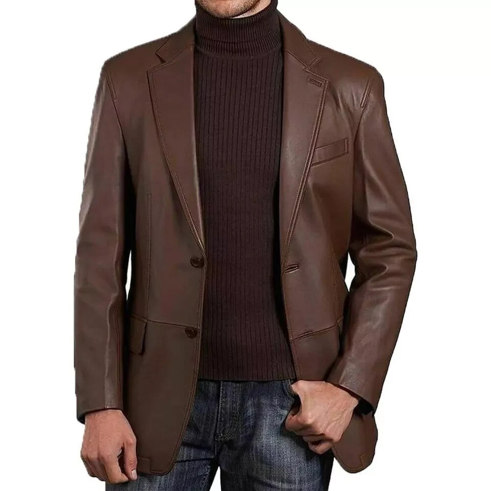 Men’s Genuine Soft Lambskin Leather Blazer Regular Fit Jacket Two Button Brown