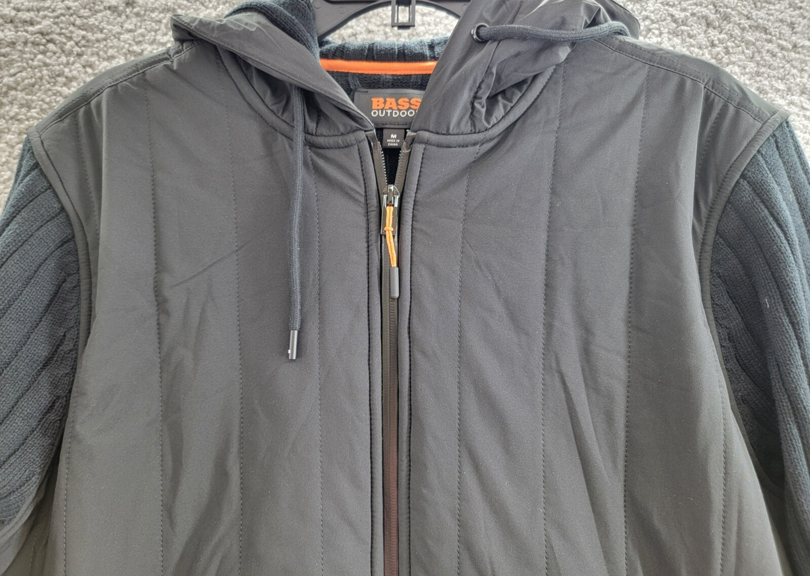 BASS OUTDOOR Mixed Media Zip-Front Hooded Sweater Jacket Men’s M Black Pockets