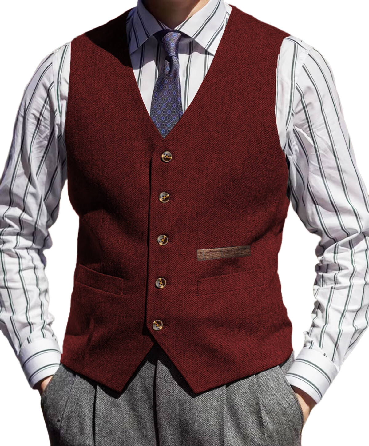 Tweed Vest Mens V-Neck Grooms Waistcoat Wool Waistcoat Herringbone Vintage Retro