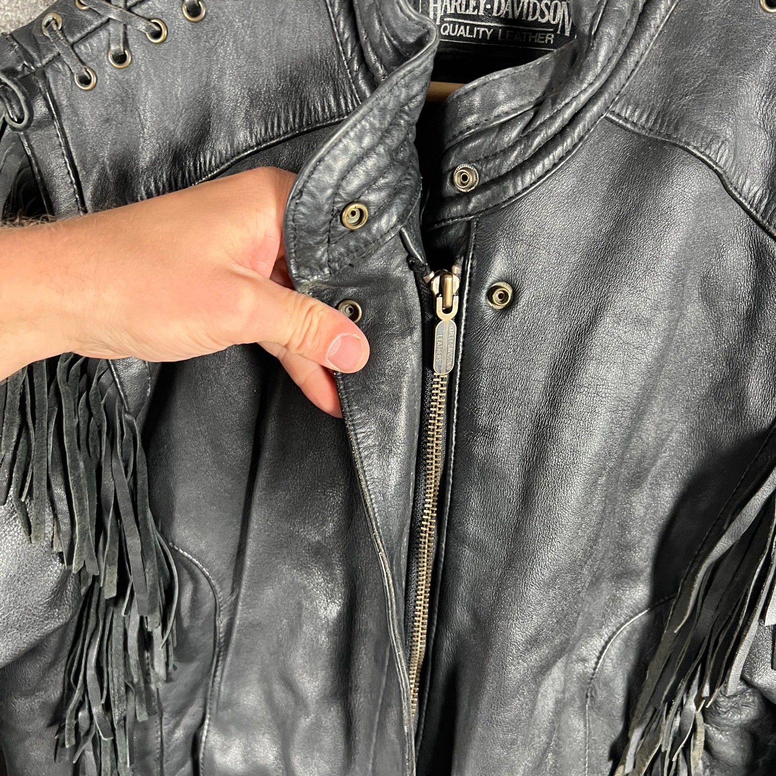 Vintage Harley Davidson Leather Fringe Jacket Mens 44 (L) Motorcycle Quilt Lined