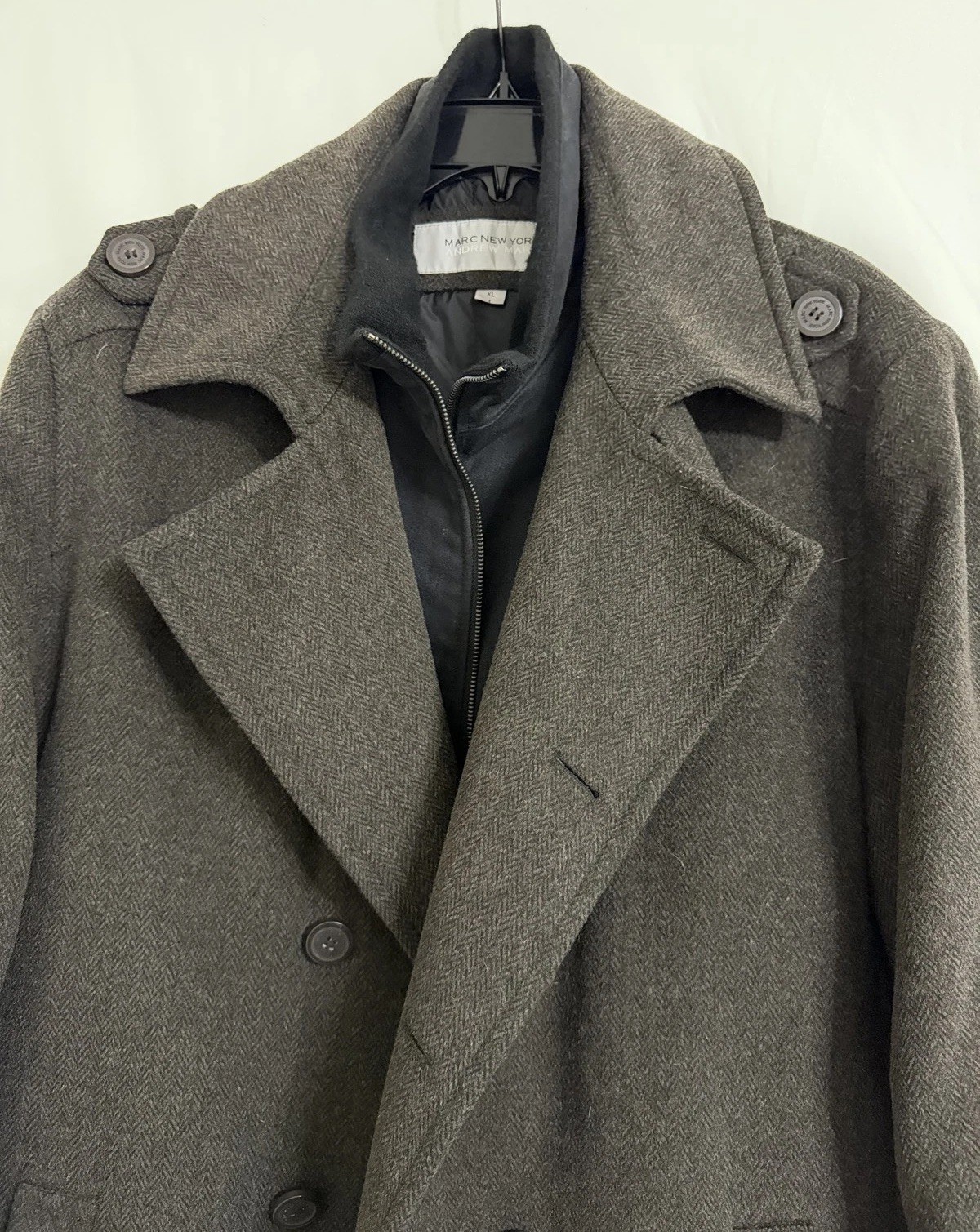 Marc New York Coat Men XL Brown Wool Herringbone Peacoat Double Breasted Lined