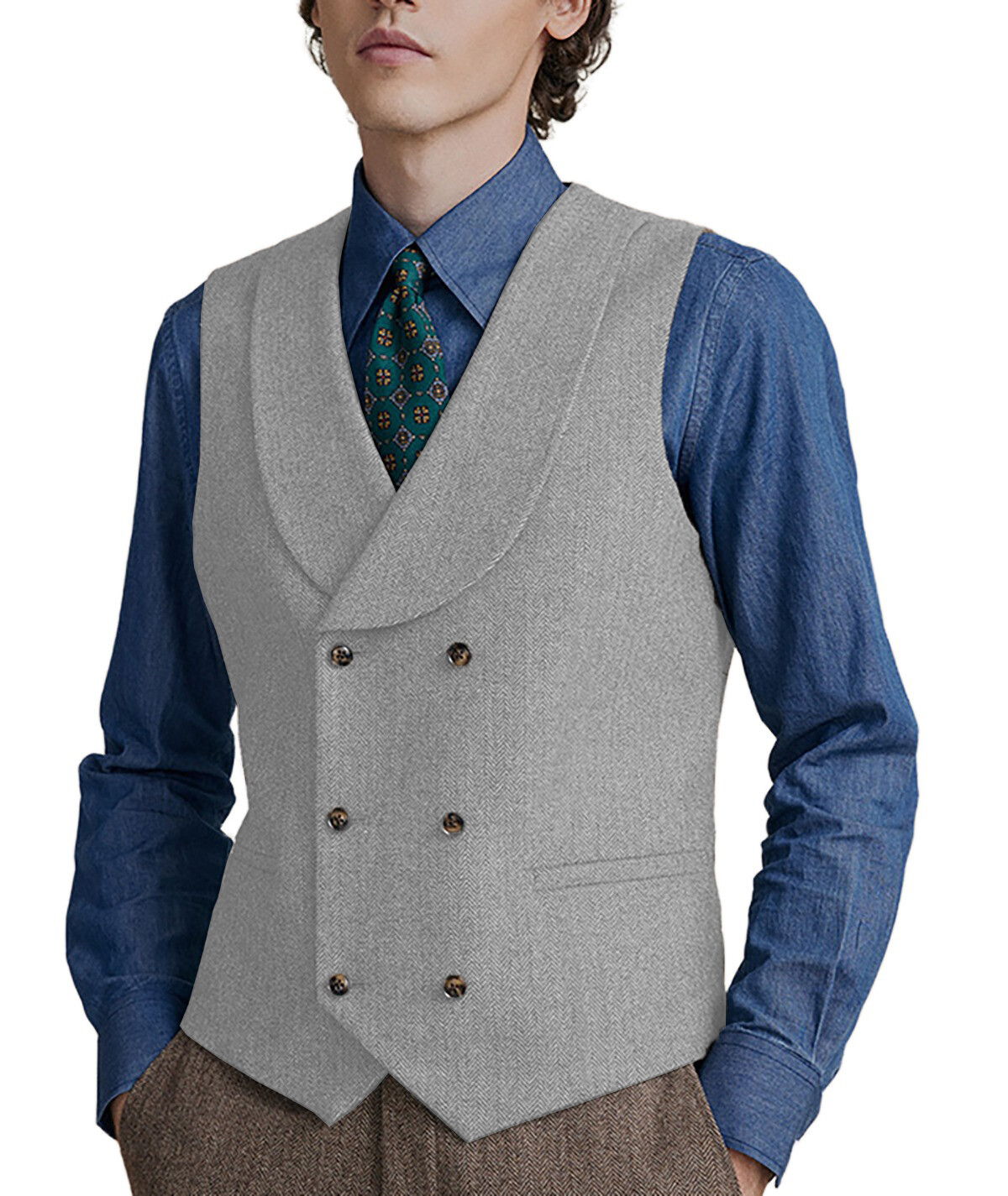 Shawl lapel Vests Mens Double-breasted Waistcoats Tweed Herringbone Wedding Wool