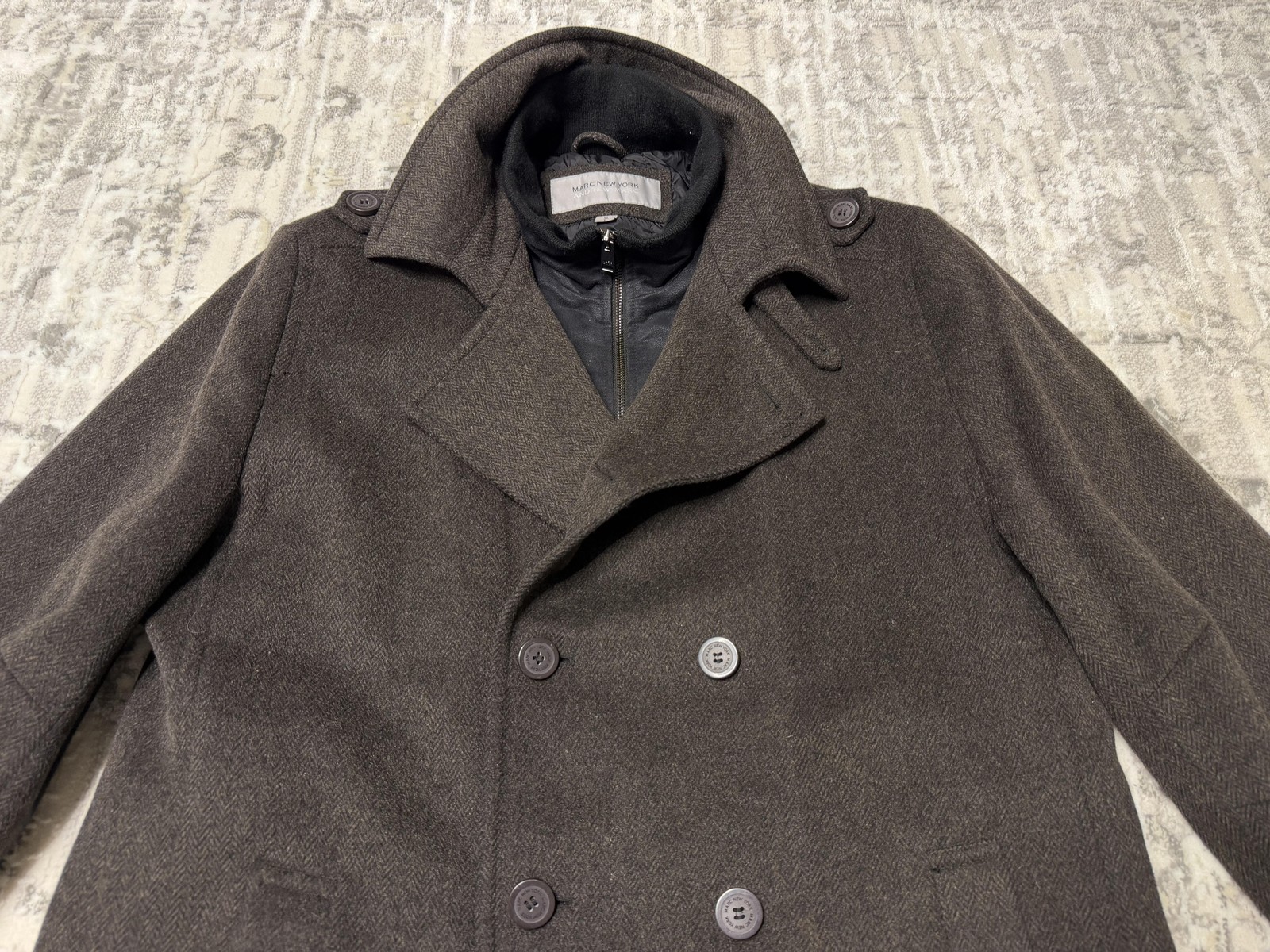 Marc New York Coat Men XL Brown Wool Herringbone Peacoat Double Breasted Lined