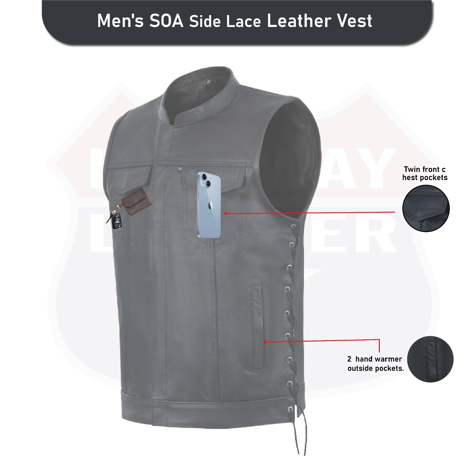 SOA Men’s Leather Vest Anarchy Motorcycle Club Concealed Carry Side Lace 685SPT