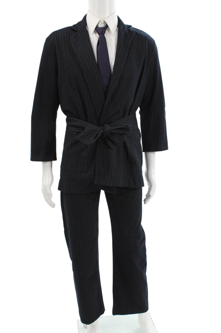 Zara Mens 2 Piece Dark Blue Striped Suit Jacket Pants Size XS