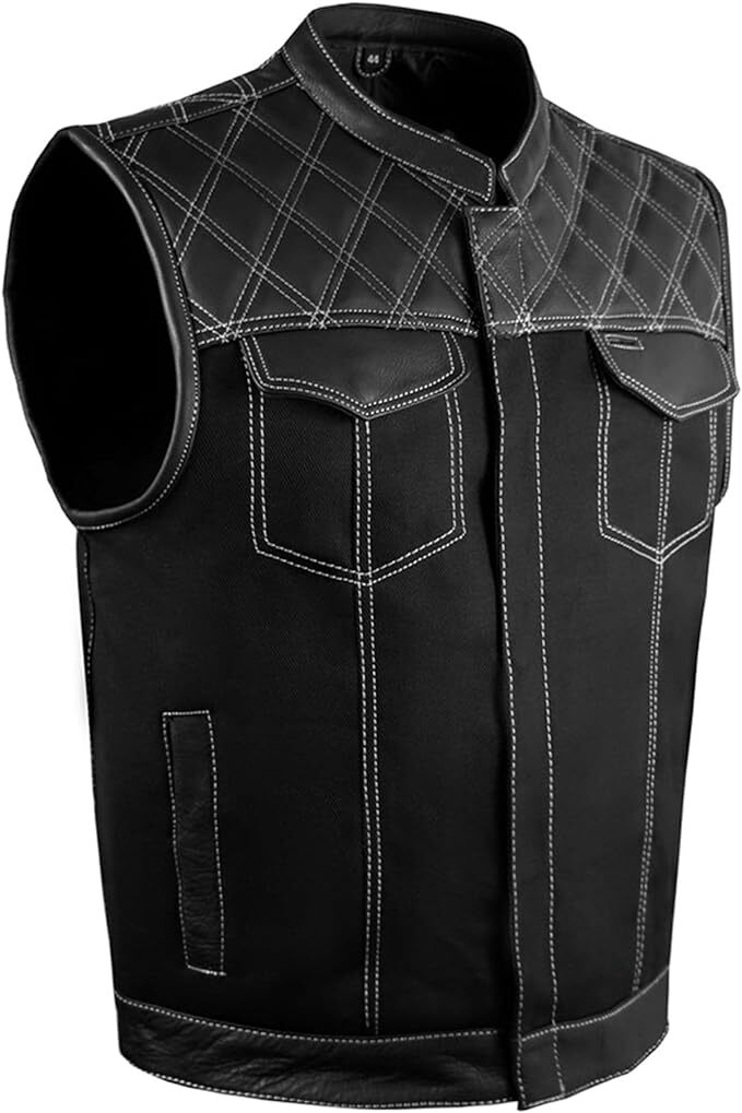 SOA Men’s Motorcycle Club Denim & Leather Vest Concealed Carry Pocket Multicolor