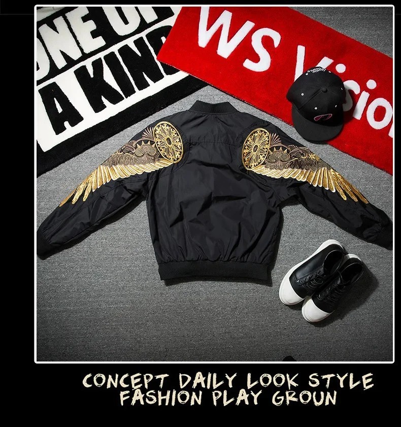 Luxury Men’s Eagle Wings Embroidery Bomber Jacket Hip Hop Streetwear Pilot Coat