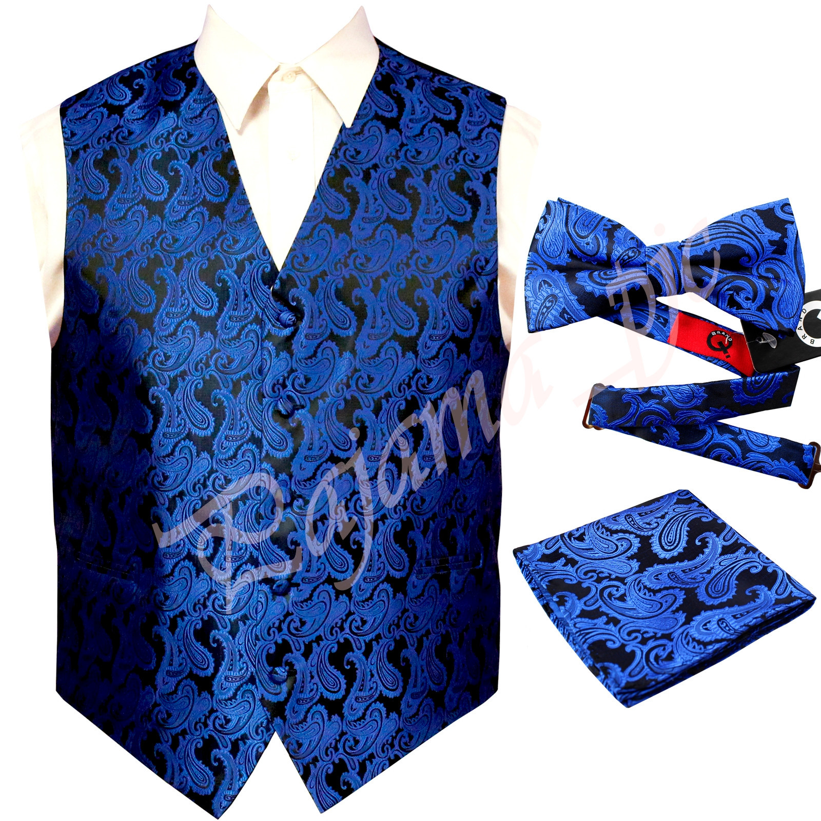 Royal Blue XS to 6XL Paisley Tuxedo Suit Dress Vest Waistcoat & Bow tie Hanky