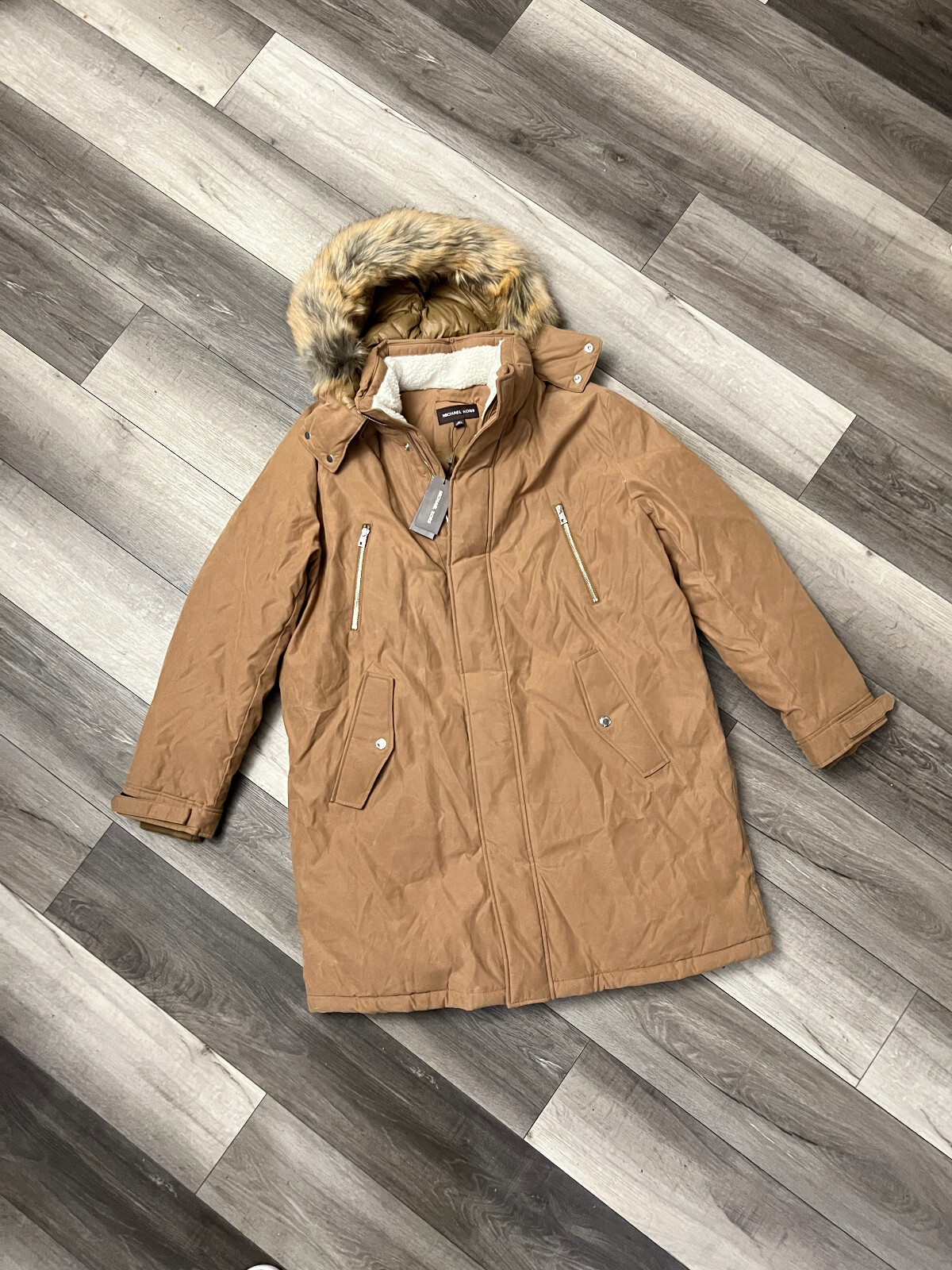 Michael Kors Mens Faux Fur Trim Hooded Parka Coat Jacket Dark Camel Brown XL