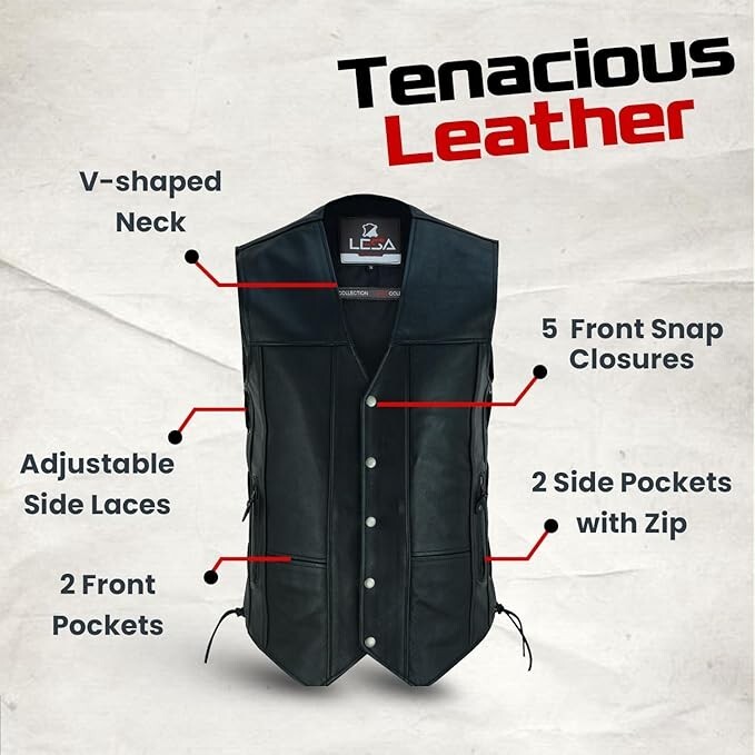 Leather Motorcycle Vest for Men with 10 Pockets – V-Neck Biker Vest