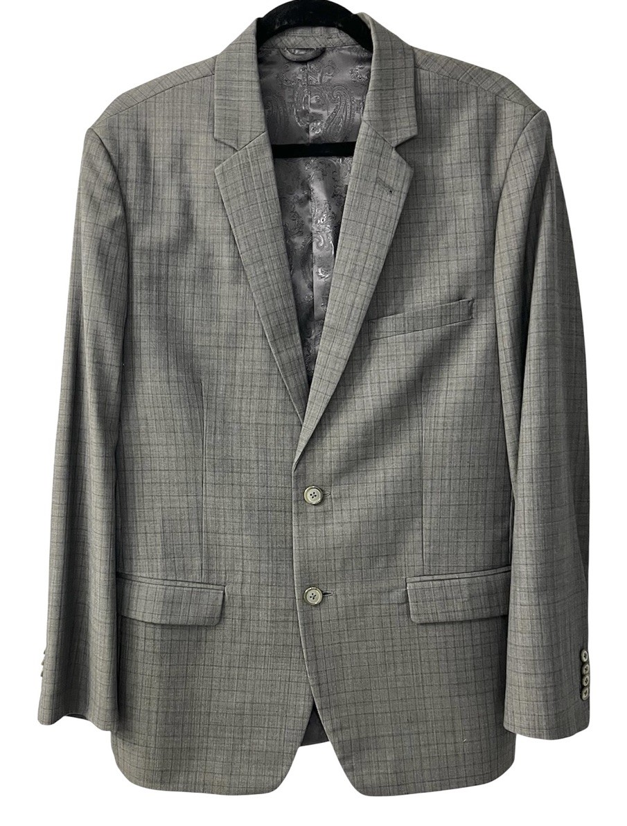 Rajah Custom Made Luxury Design Gray Windowpane Check Wool Blazer Jacket Sz 44 R