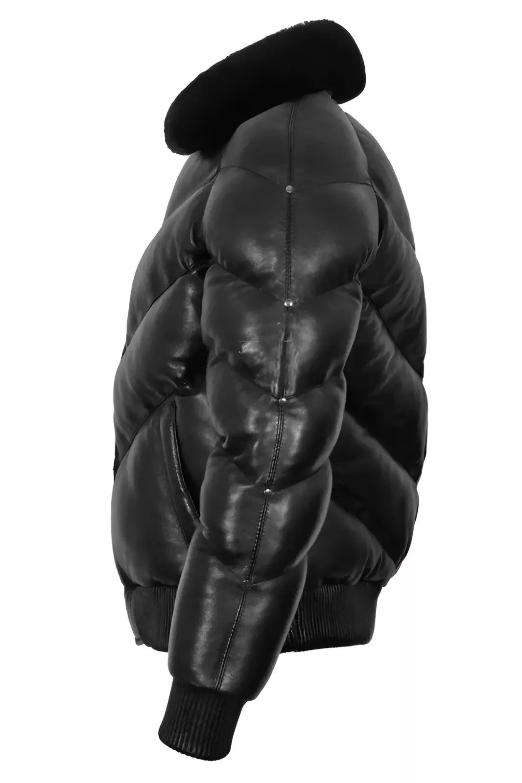 Men’s Ace Puffer Leather Jacket Black Sheepskin Soft Collar WARM Bomber Jacket