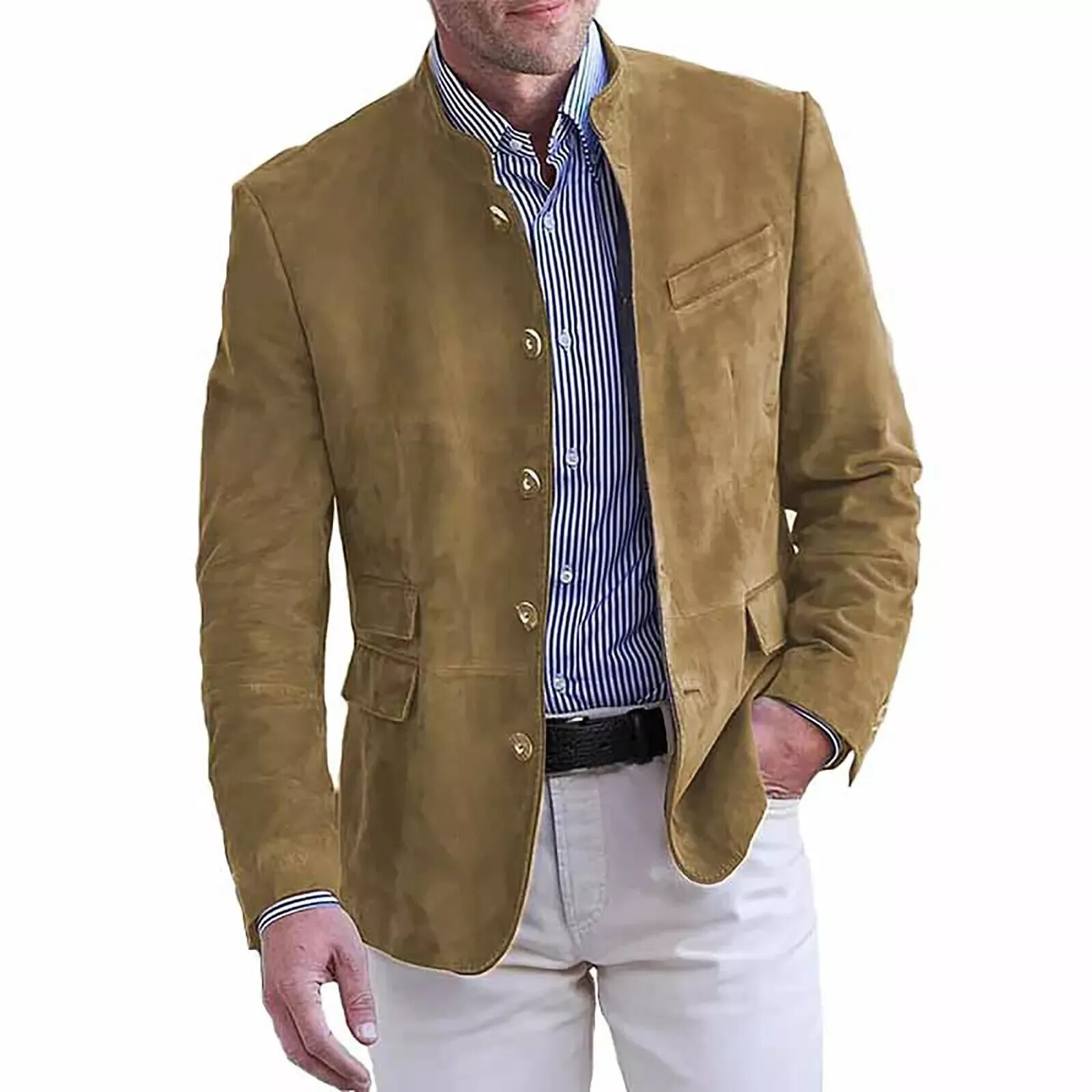 Stylish Suede Leather Blazer Men Four Button Classic Coat Vintage Jacket