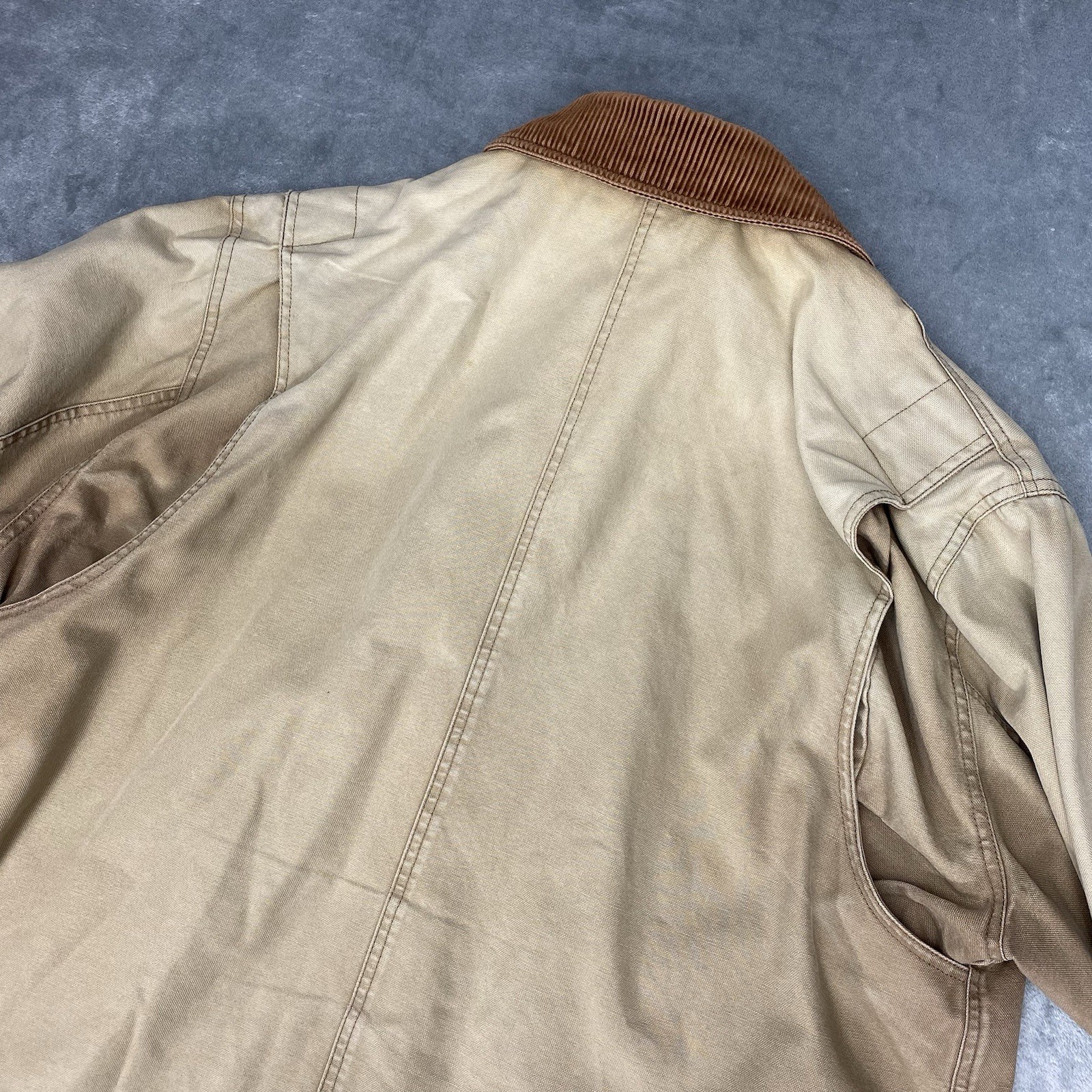 Vtg Lands End Jacket Mens Sz XL Tan Field Barn Chore Coat Corduroy Thrashed Fade