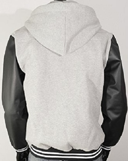 Hoodie Gray Wool Letterman Varsity Jacket With black Real Leather Sleeves XS-4XL
