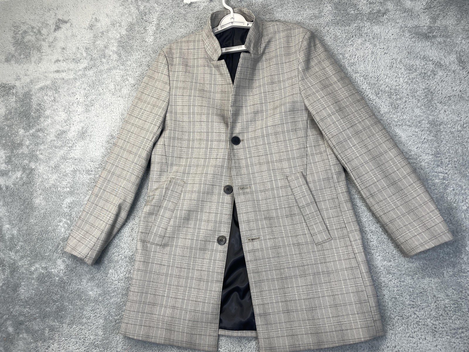 H&M Topcoat Mens 42R Gray Glen Plaid Overcoat 3 Button Lined Pockets Notch Lapel
