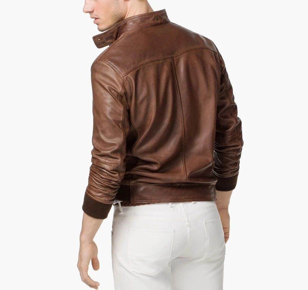 NEW Men’s Brown Genuine Lambskin Leather Bomber Motorcycle Jacket XS TO 3XL