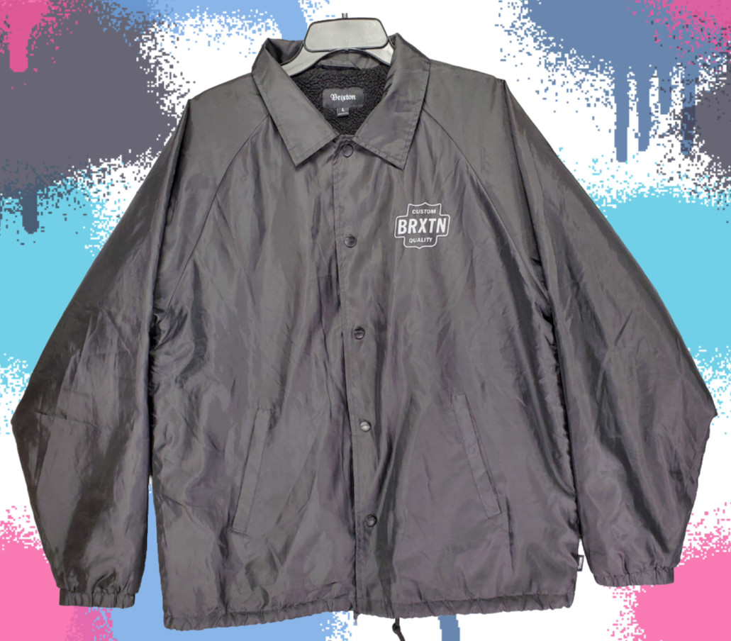 Brixton Sherpa Lined Coaches Jacket Men’s L Black Snap Front Custom Quality Logo
