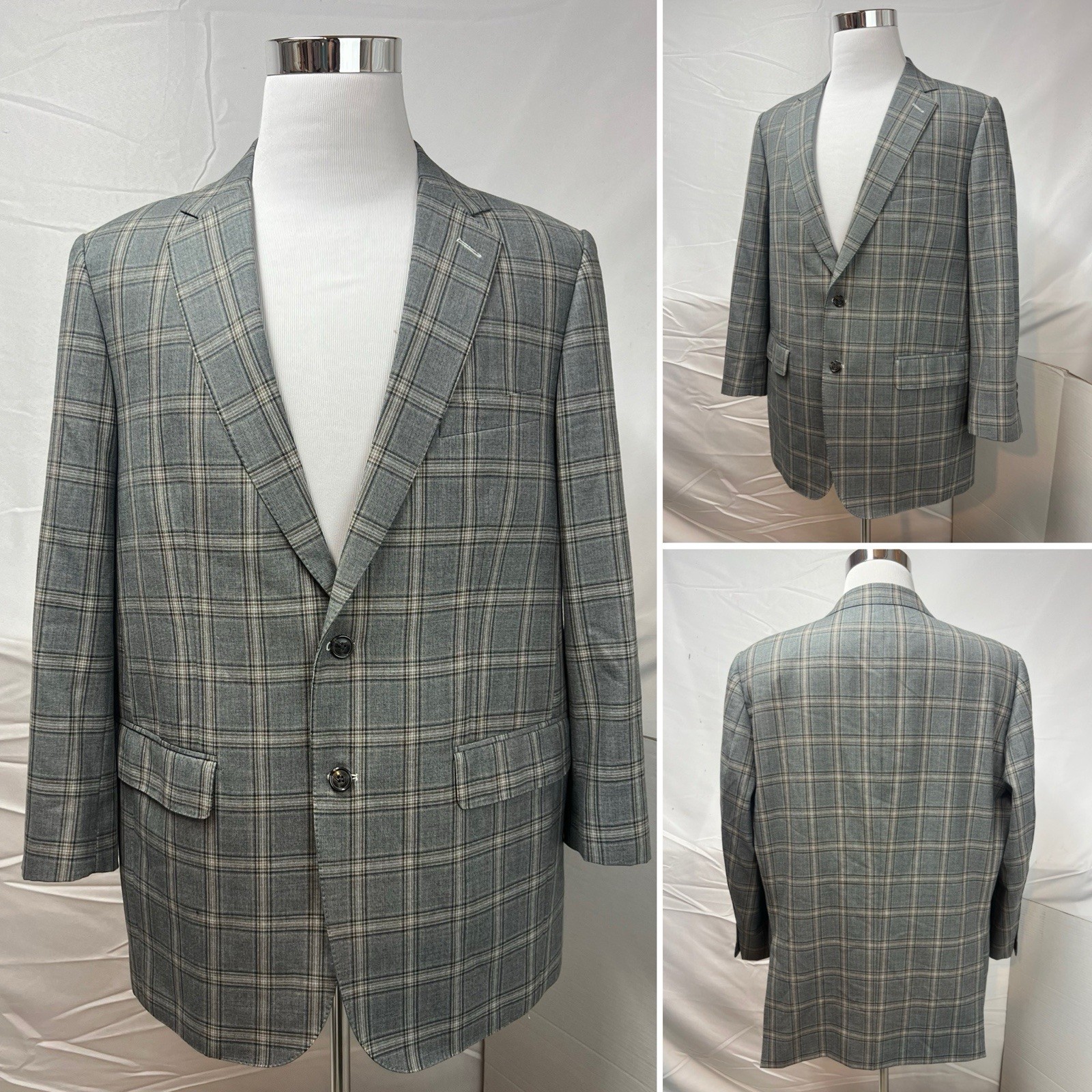 Custom Tailored Men’s 46 Gray Tan Windowpane Plaid 2-Button Blazer Jacket Coat