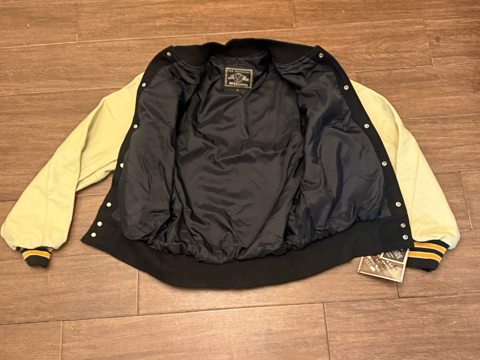NWT Holloway Wool Varsity Jacket With Genuine Leather Sleeves Black Yellow Sz S