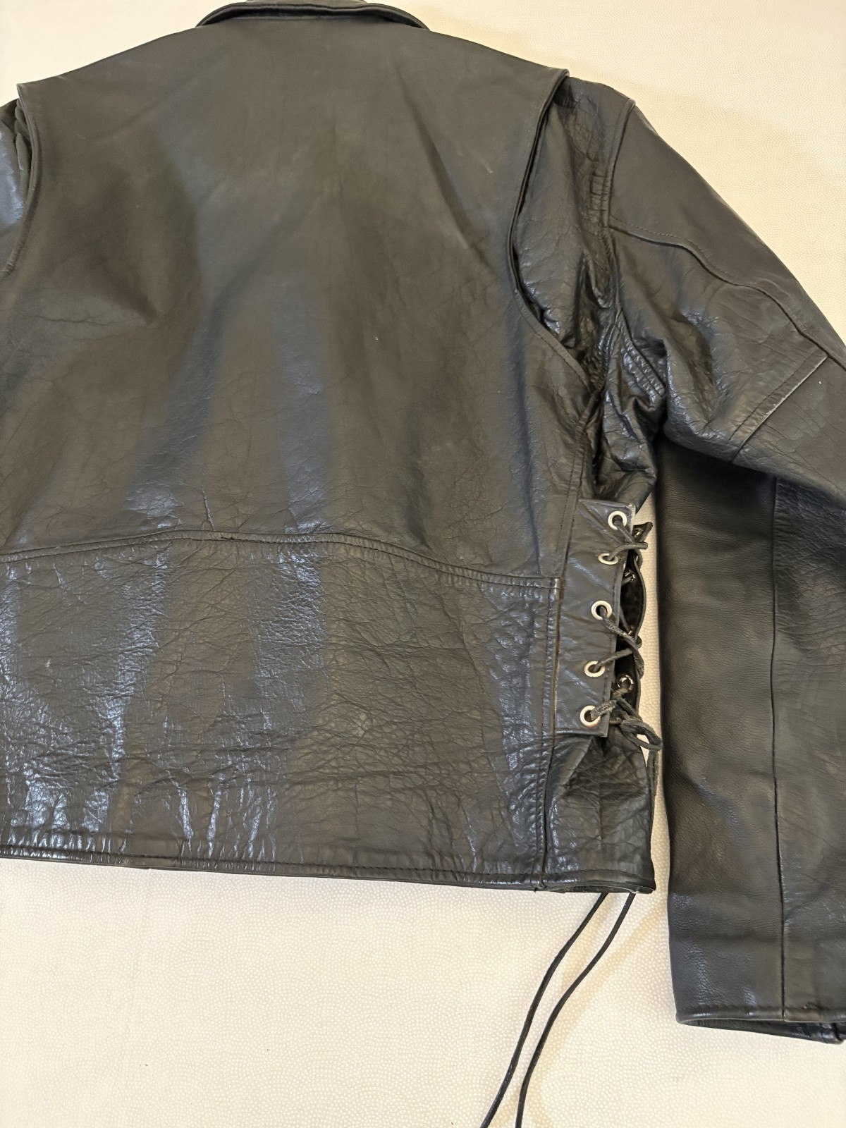 Leather Biker Jacket Mens 44 Black Lace Up Sides Double Rider Asymmetrical Zip