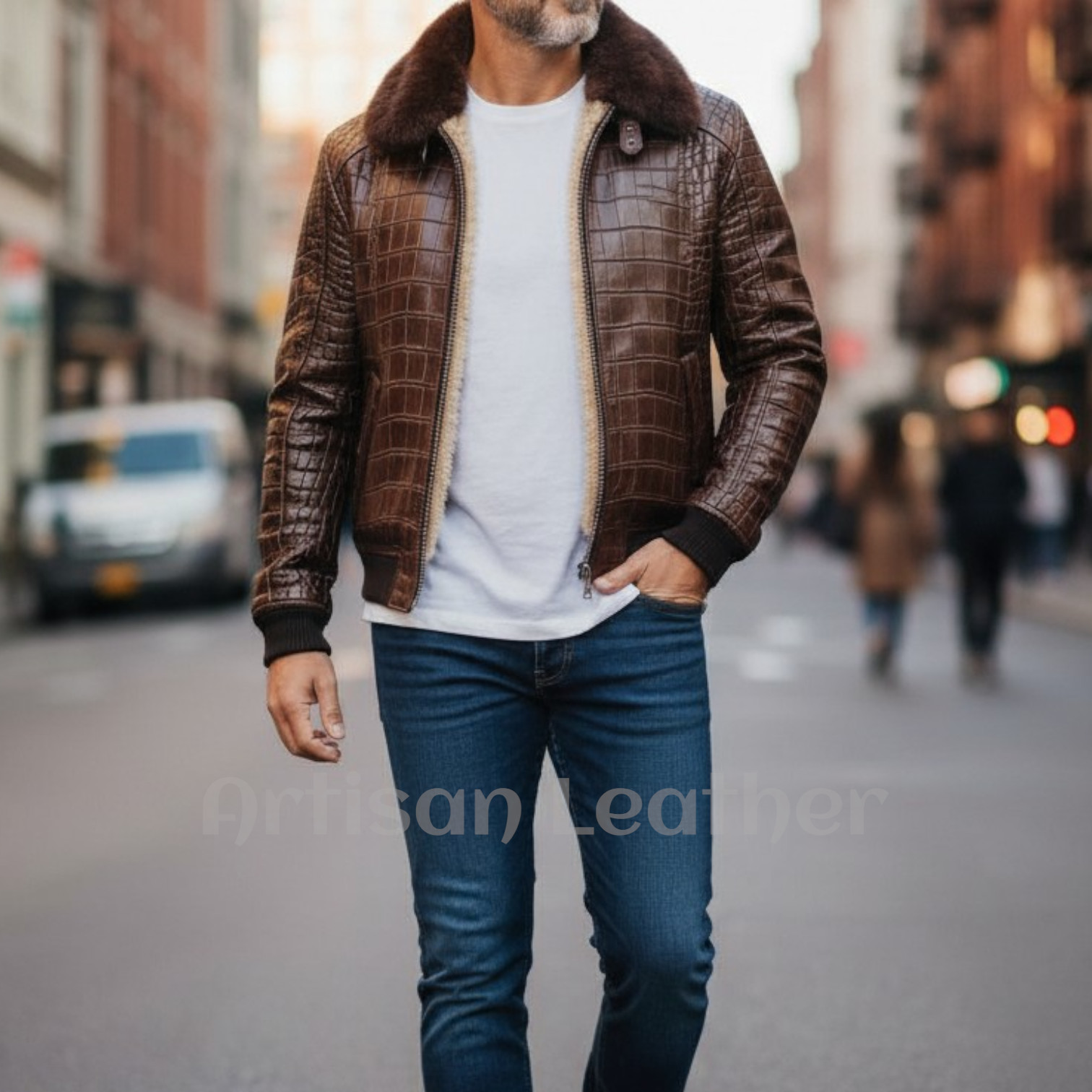 Luxury Crocodile Embossed Leather Jacket Men’s Fur Lined Winter Coat Bomber