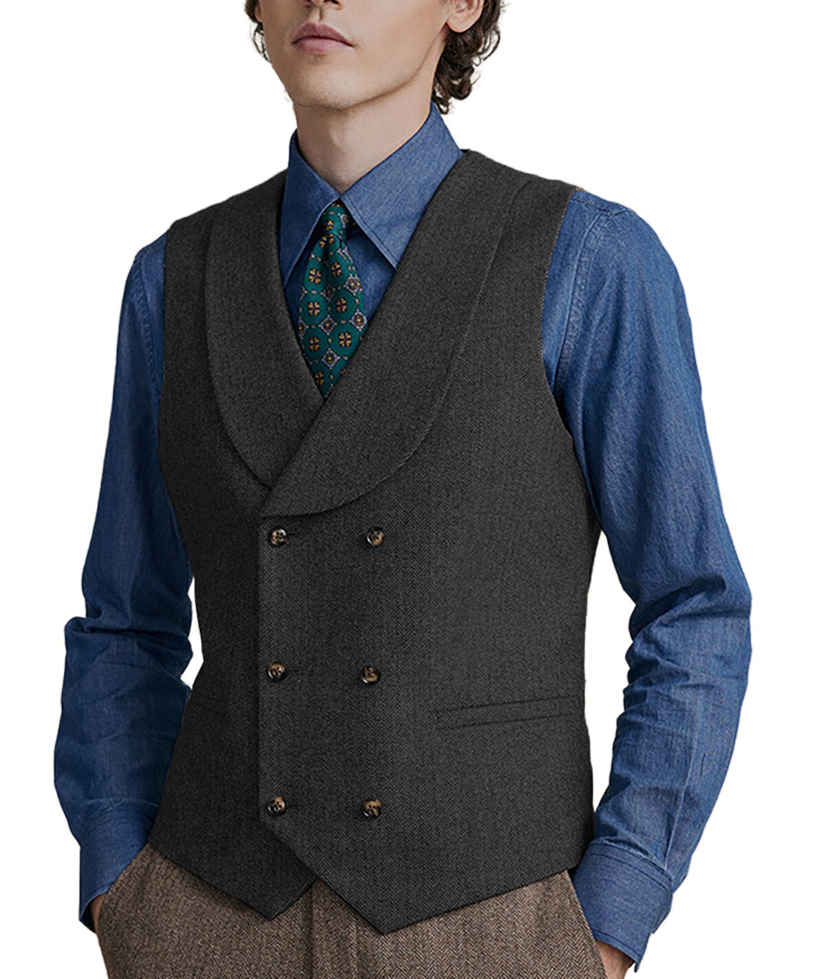 Shawl lapel Vests Mens Double-breasted Waistcoats Tweed Herringbone Wedding Wool