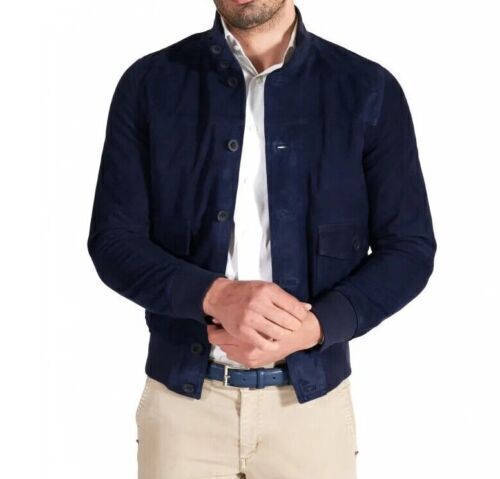 Navy Blue Suede Leather Jacket for Men Bomber All Size S M L XL XXL 3XL 4XL 5XL