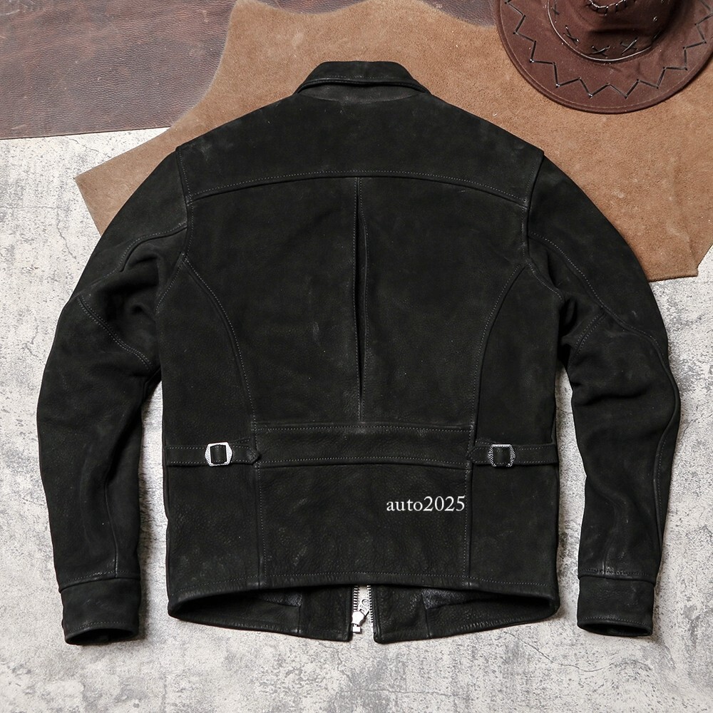 Mens Vintage Style Washed Distressed Nubuck Cowhide Leather Biker Jacket Matte