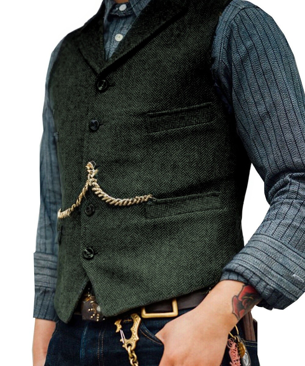 Mens Tweed Vest Cowboy Western Vintage Wool Herringbone Vests M Large XL XXL 3XL