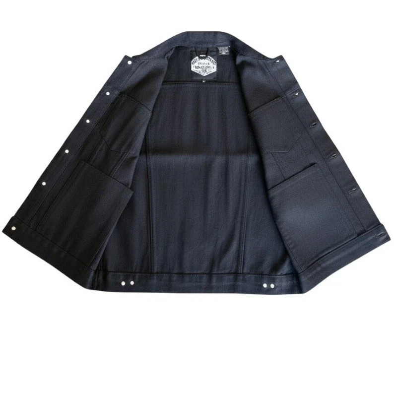 MEN’S HOODED DENIM BIKER VEST JACKET BLACK WASHED DENIM W/DETACHABLE HOODIE.