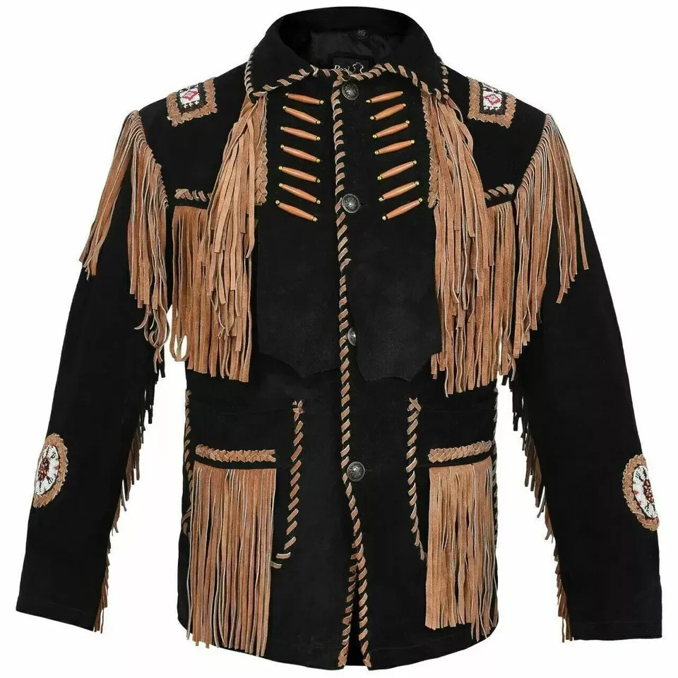 Men’s Vintage Western Fringe Jacket Genuine Suede Leather Cowboy Coat