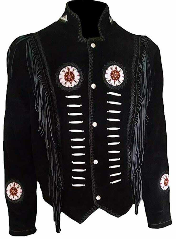 Men Native American Cowboy Leather Jacket Fringe & Beads Western Suede Jacket