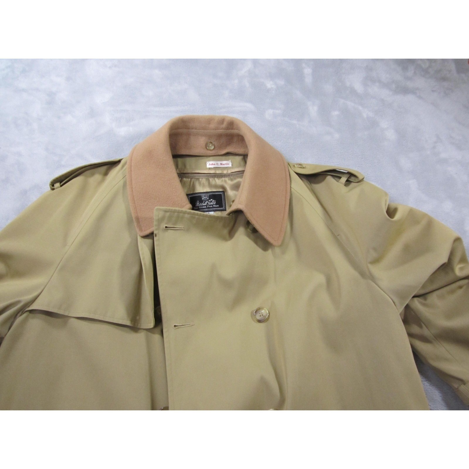 Marshall Field’s Trench Coat Mens 46 Long Tan Belted Wool Liner Made in USA