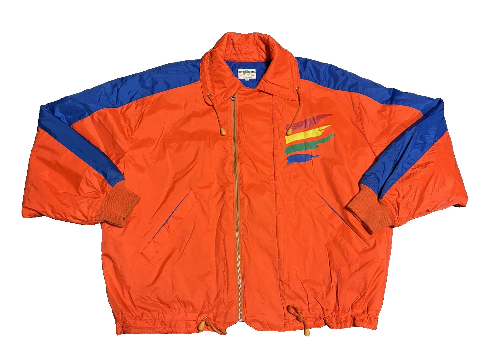 Benetton Formula 1 Racing Team Nylon Jacket Size 48 Japanese XL Orange Blue Vtg