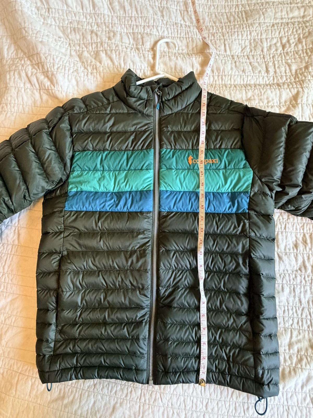 Cotopaxi Fuego Down Jacket Mens Woods Stripes Puffer Jacket GUC 800 fill