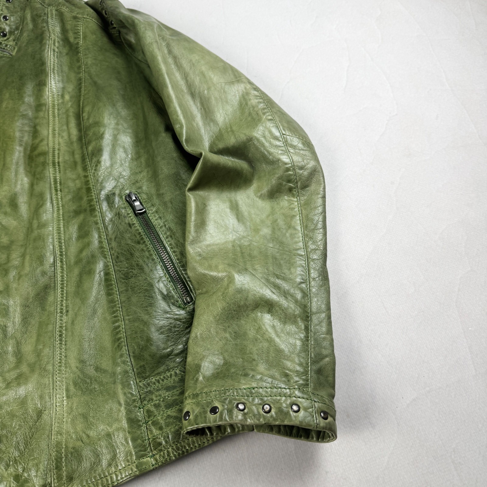 Mens Vintage Green Genuine Leather Moto Jacket Studded Collar Biker Y2K Grunge