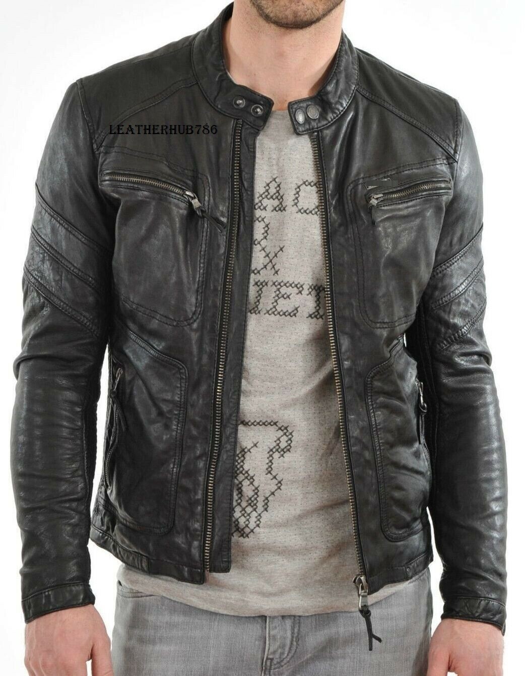 Men Jacket Genuine Pure Black Lambskin Leather Biker Motorcycle Party Wear 524