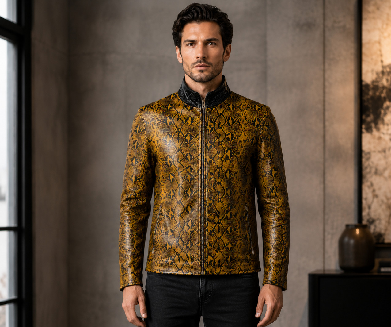 Men’s Yellow Snakeskin Leather Jacket, Genuine Leather Python-inspired Jacket
