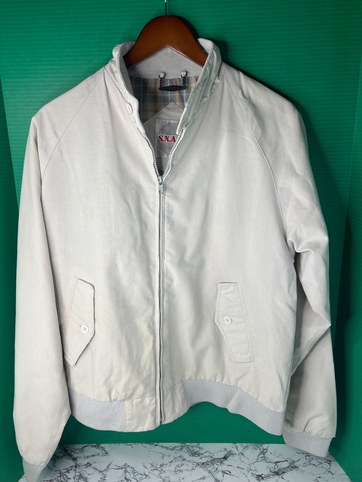 Vintage 80s S.N.A.F.U. Bomber Jacket Light Khaki Plaid Lining Harrington Style M